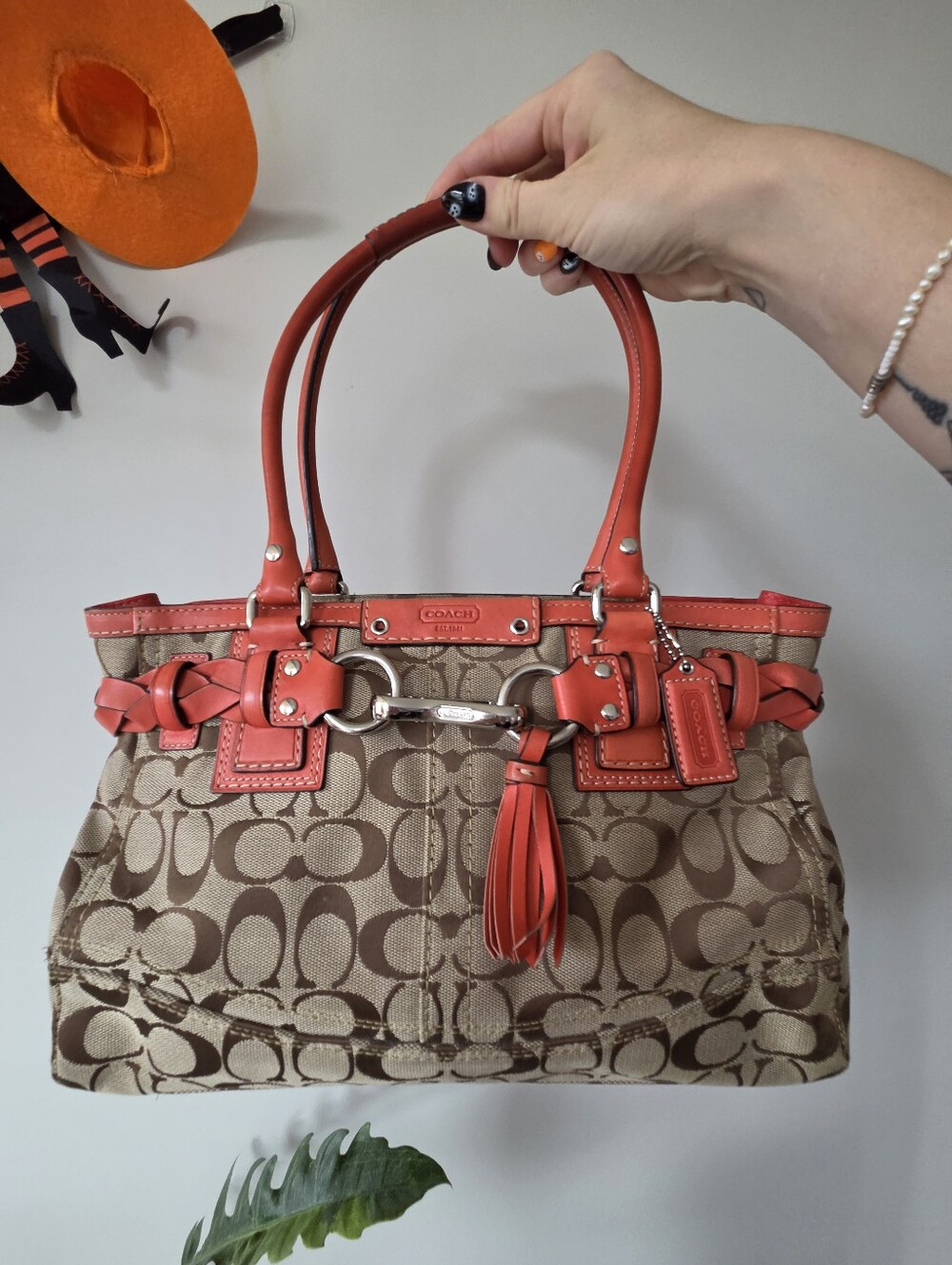 Coach F15665 Hamptons Signature Carryall Satchel Shoulder Bag Braided Leather